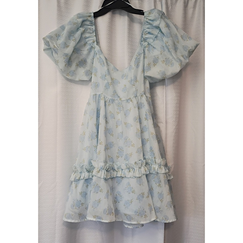 Mable Womens Dress Sz M, Puff Sleeve Ruffle Tiered Short Dusty Blue‎ Cottagecore